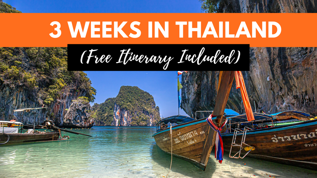 Header banner for a Thailand itinerary 3 weeks guide featuring longtail boats in a limestone lagoon.