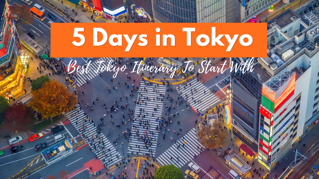 Travel guide banner for a 5 Days in Tokyo itinerary featuring an aerial sunset view of the famous Shibuya Crossing.
