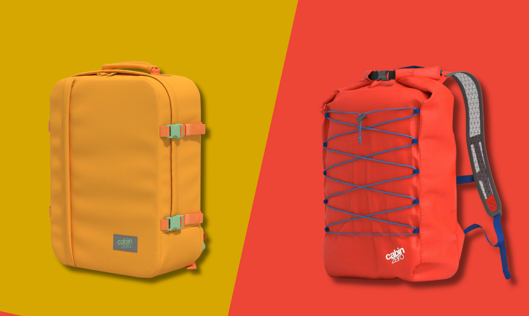 Orange zip-up backpack beside a red roll-top backpack, showing the different closure designs.
